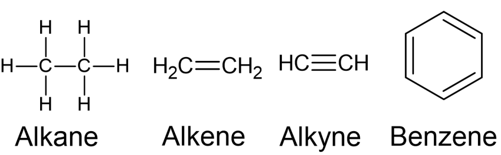 Alkanes possess single bonds between carbon atoms, alkenes possess carbon-carbon double bonds, and alkynes possess carbon-carbon triple bonds. Benzene ring has double bonds between every alternative carbon.