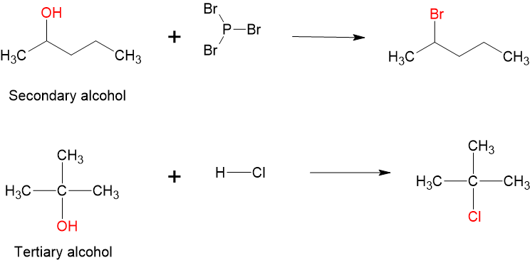 Secondary alcohol reacts with phosphorus tribromide to form an alkyl halide by replacing hydroxyl group with a bromide. Tertiary alcohols reacts with hydrogen chloride to form an alkyl halide by replacing hydroxyl group with a chloride.