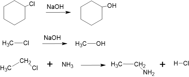 Chlorine atom in chlorocyclohexane is replaced by an hydroxyl group in the presence of a base forming cyclohexanol. The chlorine atom in chloromethane is replaced by a hydroxyl group forming methanol. The chlorine atom in chloromethane is replaced by a NH2 in the presence of ammonia group forming ethanaine.