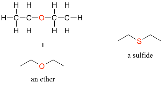 Two substances are shown. First is an ether containing two ethyl groups connected through an oxygen, shown as a structural formula and a line-bond structure. The second is a sulfide, exactly like the ether shown above except with a sulfur atom in place of the oxygen.