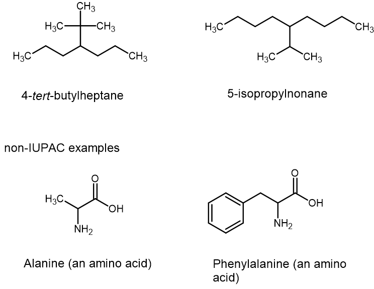 4-tert-butylheptane and 5-isopropylnonane. Non-IUPAC examples alanine(an amino acid) and phenylalanine (an amino acid).