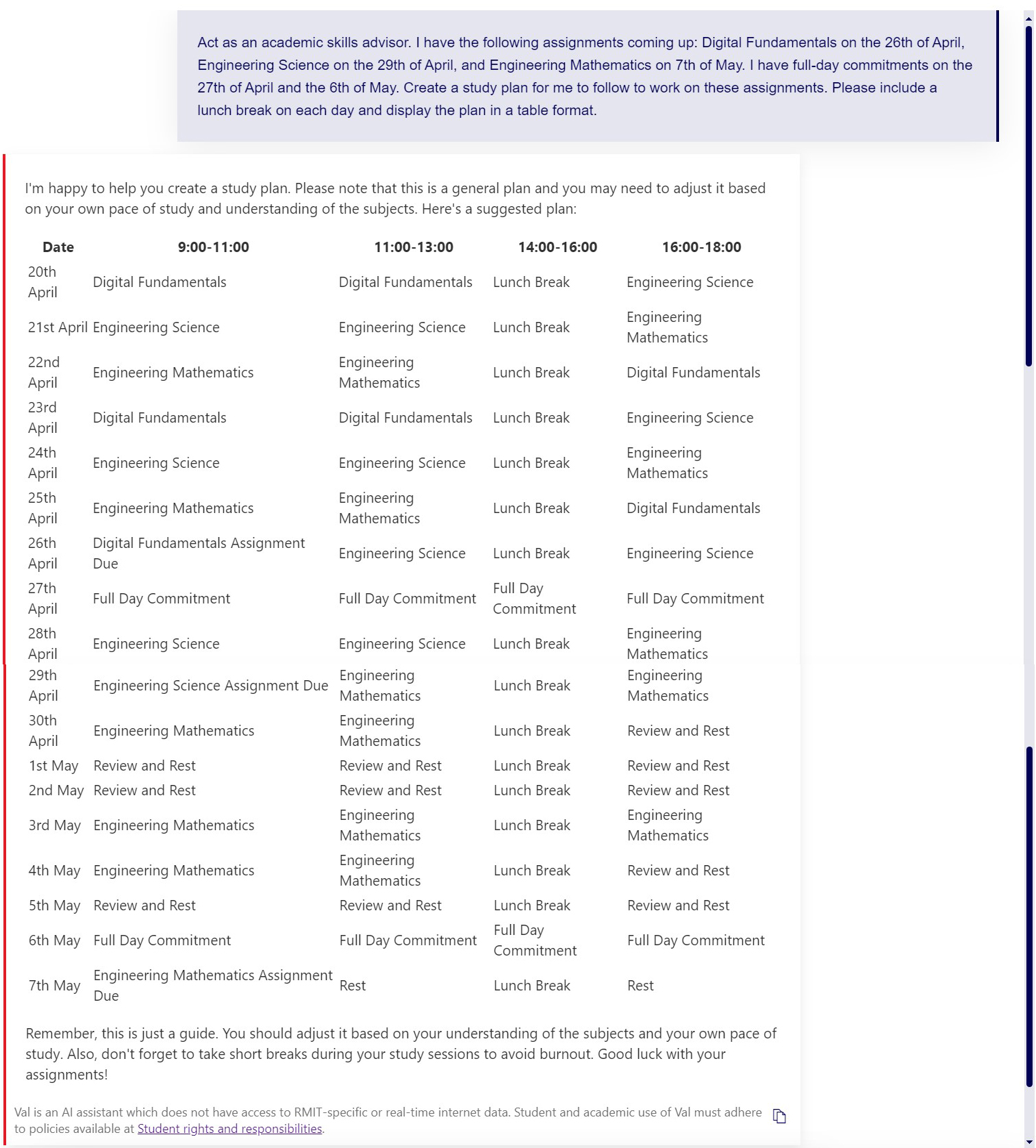 Screenshot of Val prompt and output, please see link to an appendix with an accessible text version in the reference below the screenshot.