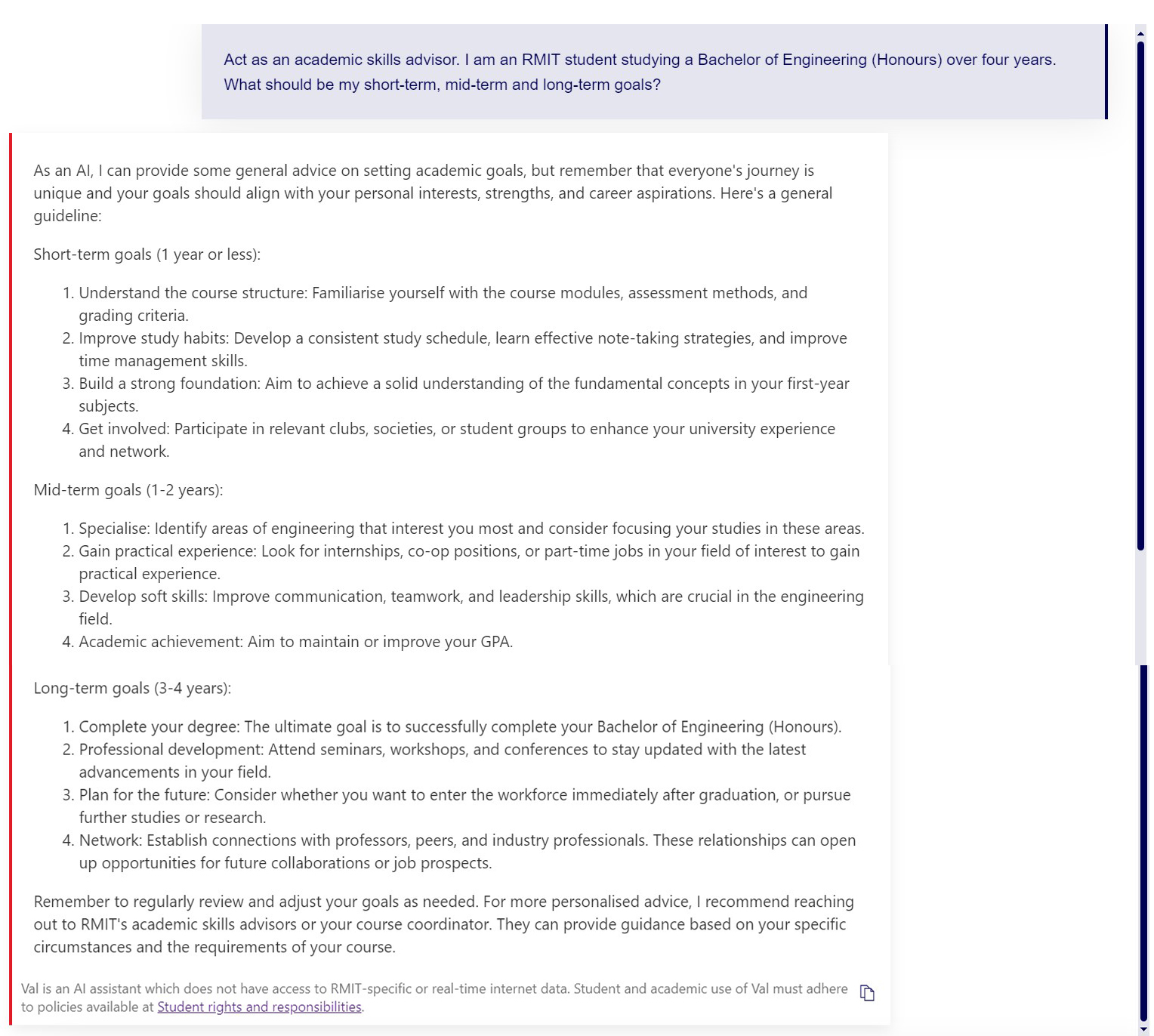 Screenshot of Val prompt and output, please see link to an appendix with an accessible text version in the reference below the screenshot.