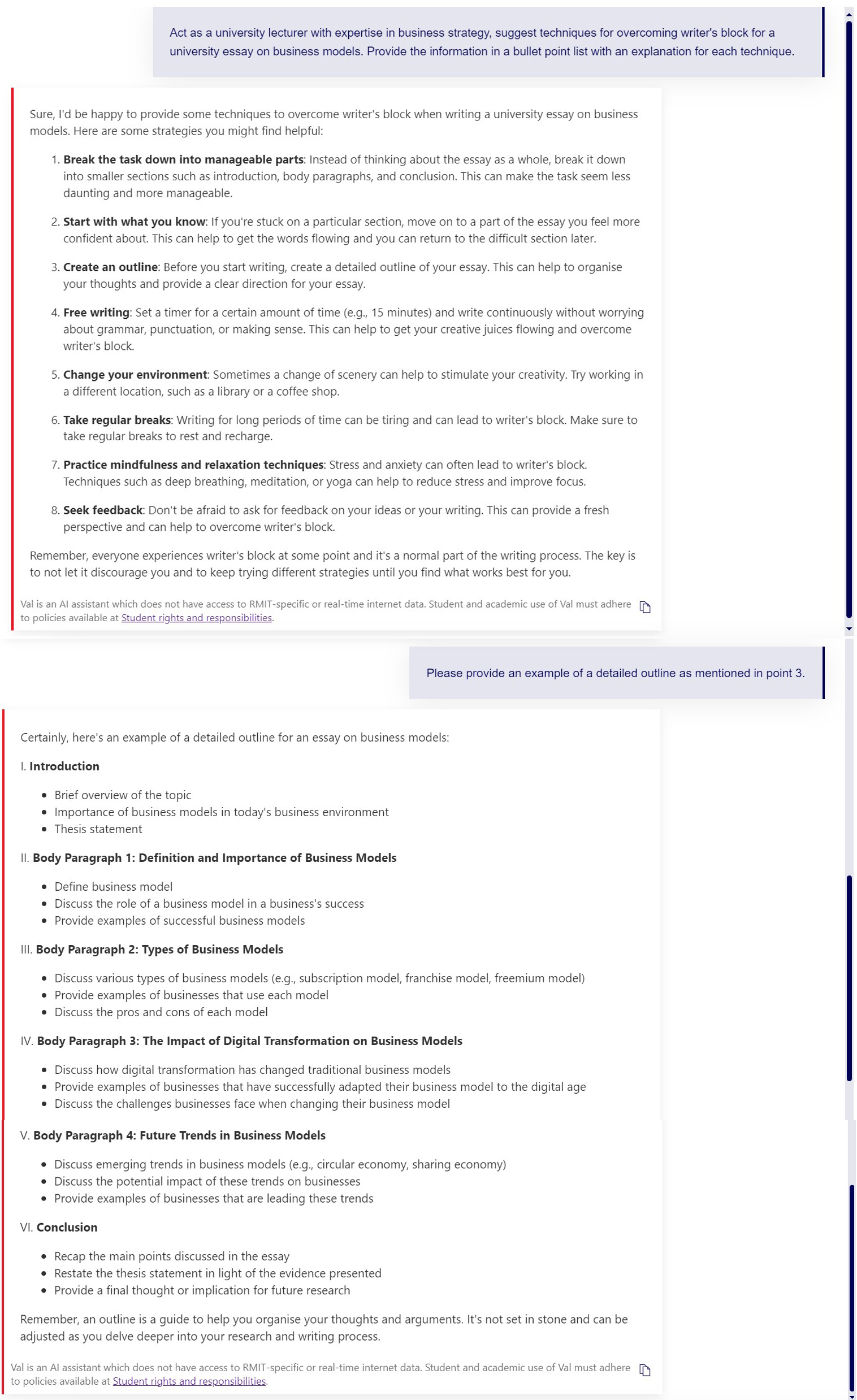 Screenshot of Val prompts and outputs, please see link to an appendix with an accessible text version in the reference below the screenshot.