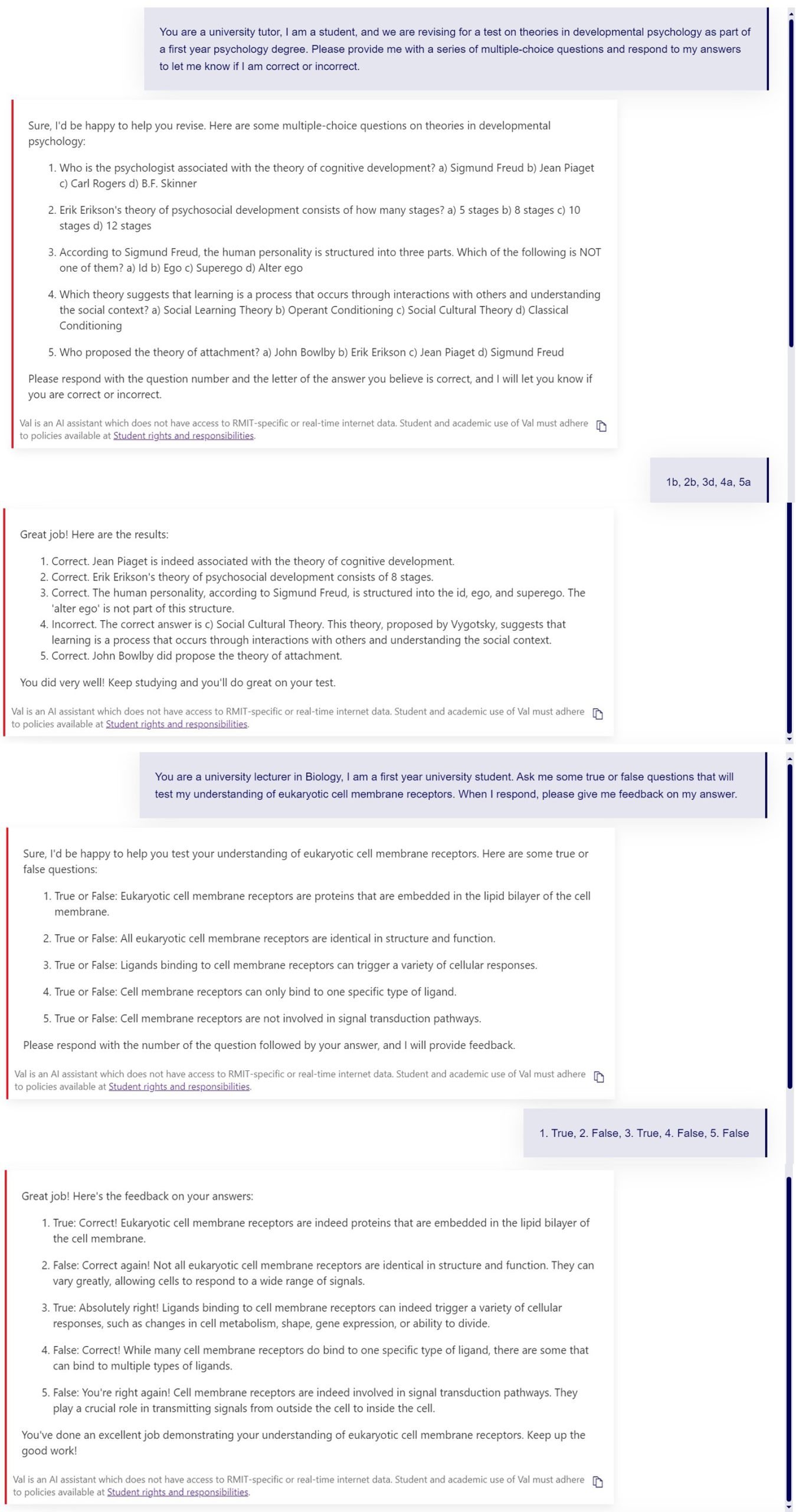 Screenshot of Val prompts and outputs, please see link to an appendix with an accessible text version in the reference below the screenshot.