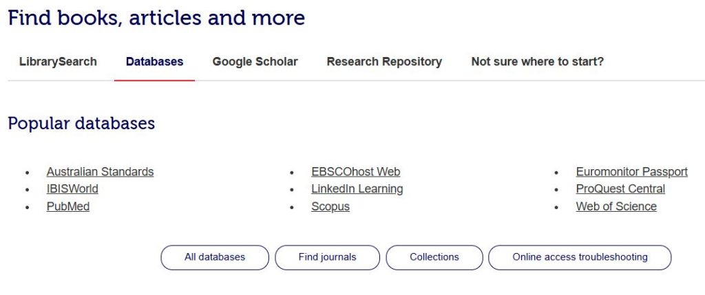 Screenshot of RMIT University Library homepage with databases tab showing list of popular databases