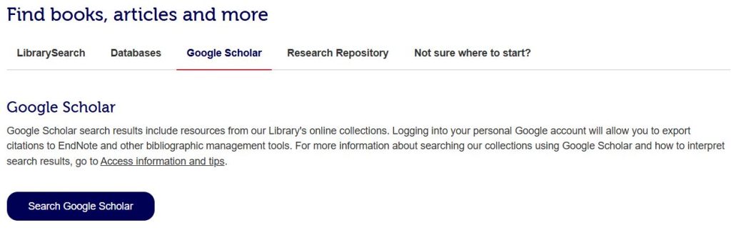 Screenshot of RMIT University Library homepage with Google Scholar tab selected