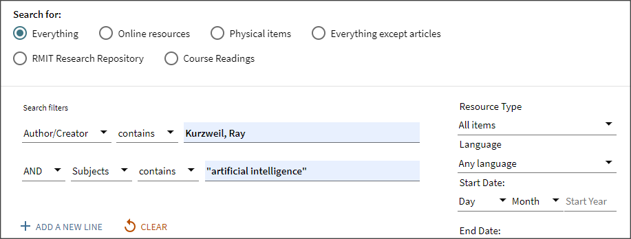 Advanced search screenshot from LibrarySearch with author and subject selected with Ray Kurzweil and artificial intelligence entered